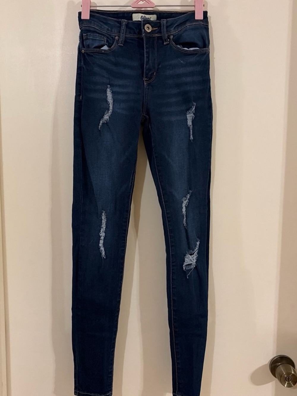 Women's Dark Blue Distressed Skinny Jeans - Slim Fit